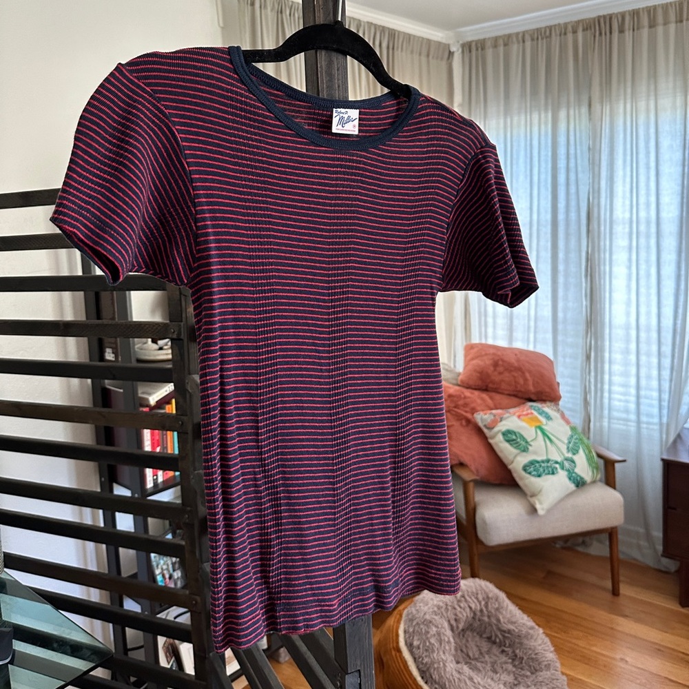 Vintage T Shirt with Horizontal Red and Blue Stripes